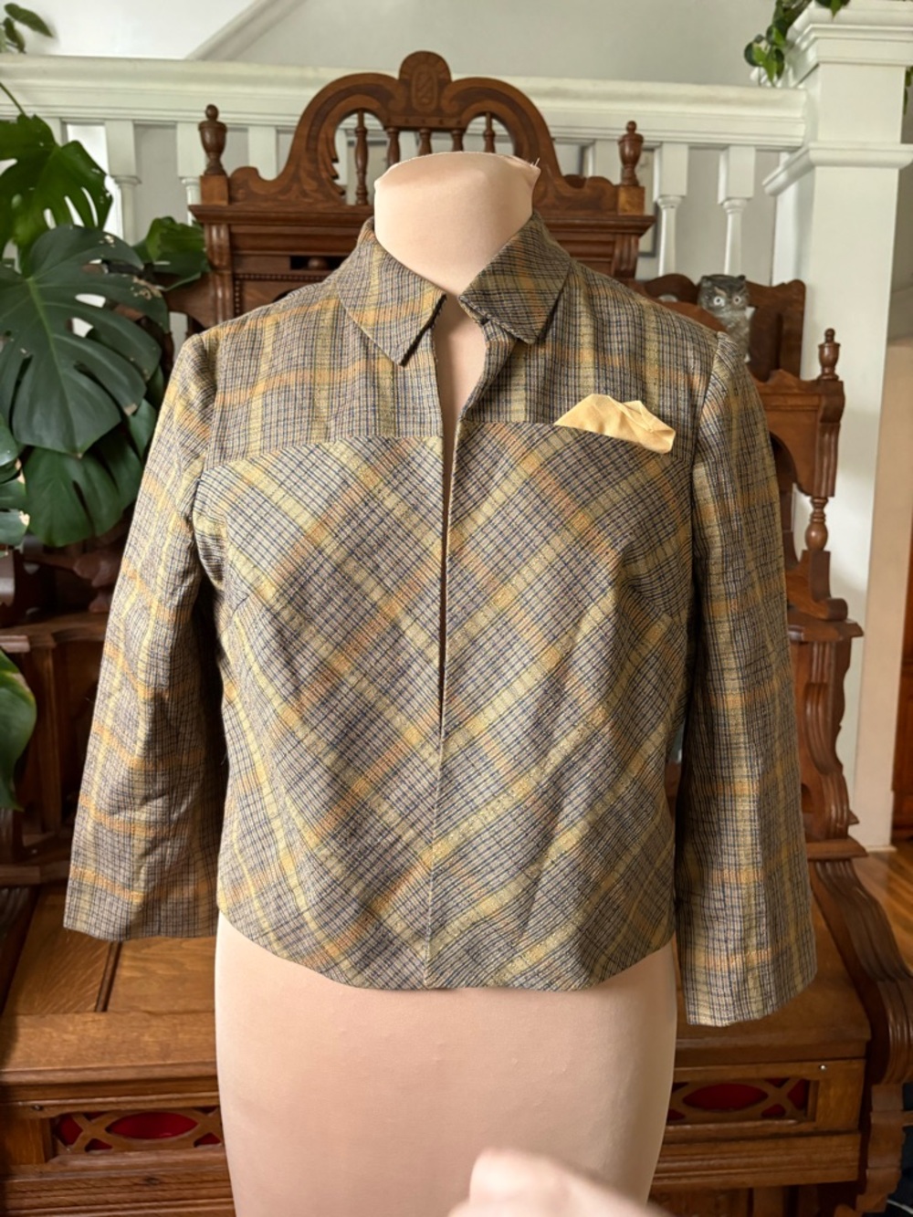 1960s Vintage Herman Marcus Designer Green/Mustard Plaid Cropped Jacket Medium